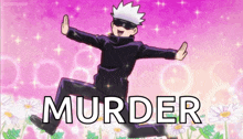 a cartoon character is dancing in front of flowers and the word murder is above him