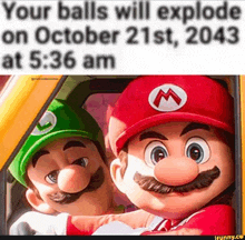 two mario mascots are sitting in the driver 's seat of a car and their balls will explode on october 21st