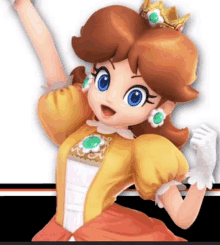 princess daisy is wearing a yellow dress and a crown on her head