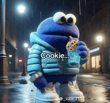 a cookie monster eating a cookie and drinking a drink