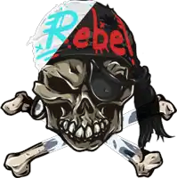 a pirate skull with a bandana that says rebel