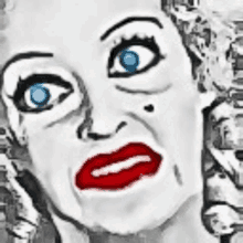 a black and white painting of a woman with red lips and blue eyes .