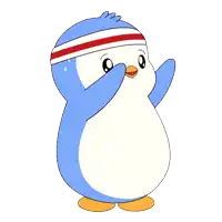 a blue and white penguin with a red and white headband on