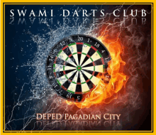 a poster for swami darts club with a dart board on fire