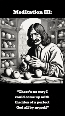 a black and white drawing of a man holding apples with the words meditation iii