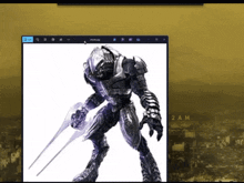 a computer screen shows a picture of a robot holding a sword and the time is 2am