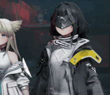 a girl with a mask on her face is standing next to a girl with blonde hair