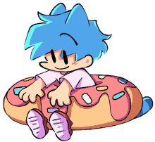 a cartoon boy with blue hair is sitting on a pink donut .