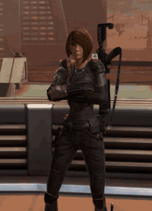 a woman in a video game holding a rifle