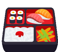 a cartoon illustration of a bento box with sushi and rice