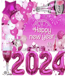 a happy new year poster with pink balloons and a bottle of celeb