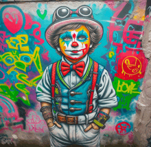 a painting of a clown on a wall with the word love written on it