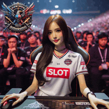 a woman wearing a white shirt that says slot