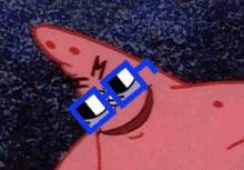 a close up of patrick star wearing sunglasses with the letter m written on his ear