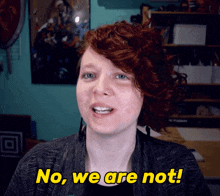 a woman says " no we are not " in yellow letters