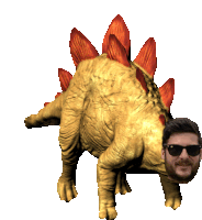 a man wearing sunglasses stands next to a dinosaur