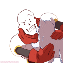 a drawing of a skeleton hugging a cat with the website seshirokun.tumblr.com visible