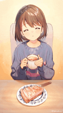 a girl is sitting at a table with a cup of tea and a piece of toast