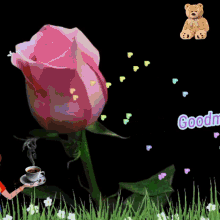 a woman holding a cup of coffee next to a pink rose with the words good morning written on the bottom