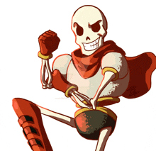 a drawing of a skeleton with a red cape and a fist in the air