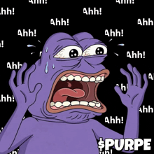 a purple frog is screaming with the word purpe in the bottom right corner
