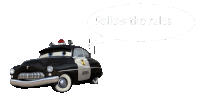 a cartoon sheriff car with a speech bubble that says follow the rules