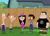 a group of cartoon characters standing next to each other in front of a fence .