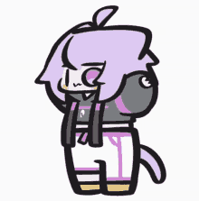 a cartoon drawing of a girl with purple hair and purple pants