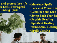 a man and a woman are sitting on a couch with a plant in the background and a list of marriage spells