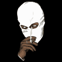 a man wearing a ski mask is smoking a cigarette .