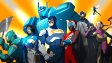 a group of superheros standing next to each other with the words news anchor after yea on the bottom right