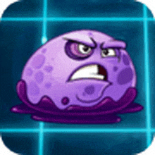 a purple cartoon character with an angry face is sitting on top of a blue tile floor .