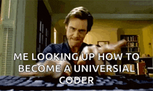 a man is looking up how to become a universal coder while using a computer keyboard .