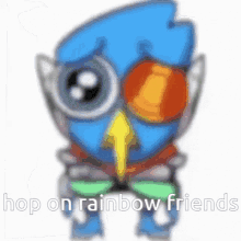 a cartoon of a bird with the words hop on rainbow friends written below it