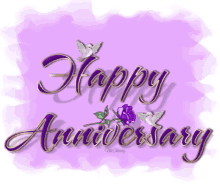 a purple background with the words " happy anniversary " and a purple rose