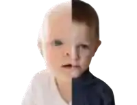 a baby 's face is split in half between a white and a black shirt