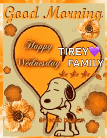 a picture of snoopy hugging a heart with the words good morning happy wednesday tirey family