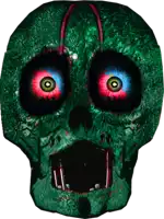 a green skull with red and blue eyes and a mouth