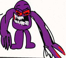 a drawing of a purple monster with red eyes and red claws