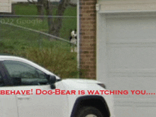 a white car is parked in front of a garage with the words " dog-bear is watching you "