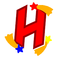 a red letter h with yellow stars around it