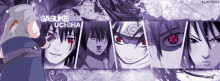 a poster of sasuke uchiha from naruto with a purple background