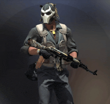 a man wearing a skull mask holds a rifle