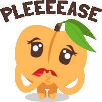 a cartoon peach with a green leaf and the words pleeeease