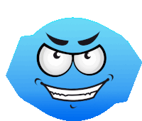 a blue cartoon face with a big smile and evil eyes