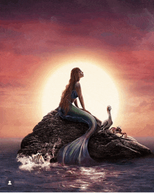 a painting of a mermaid sitting on a rock in the ocean