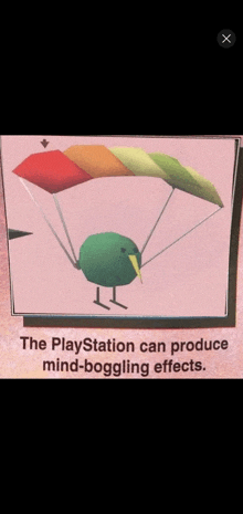 a picture of a green bird with a parachute and the words " the playstation can produce mind-boggling effects "