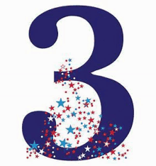 the number three is surrounded by red , white and blue stars .