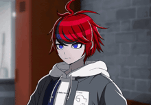 a girl with red hair and blue eyes is wearing a hoodie that says " a little touch "