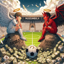 angels and devils are sitting on rocks in front of a soccer stadium